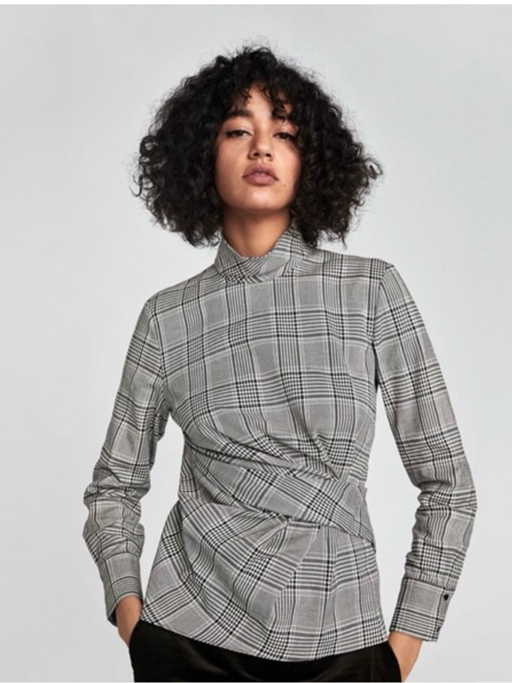 Zara Black and Gray Plaid Twist-Waist Cotton Top